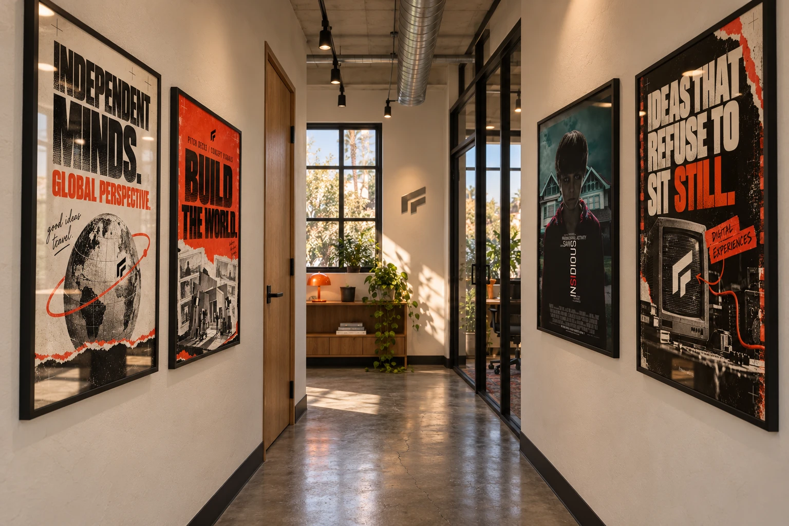 Studio posters lining a sunlit hallway visualization