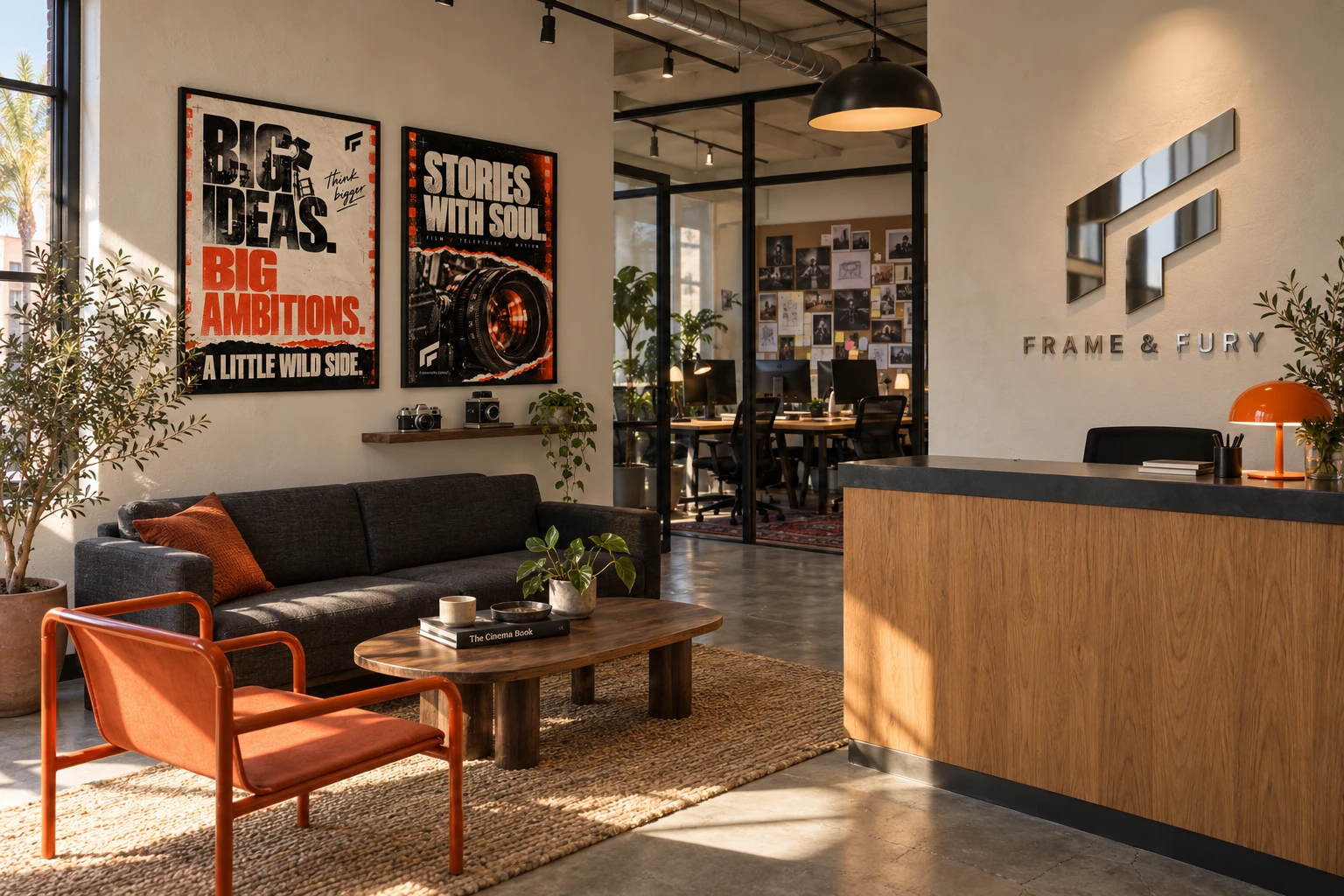 Chrome FF signage and framed artwork in a lobby visualization