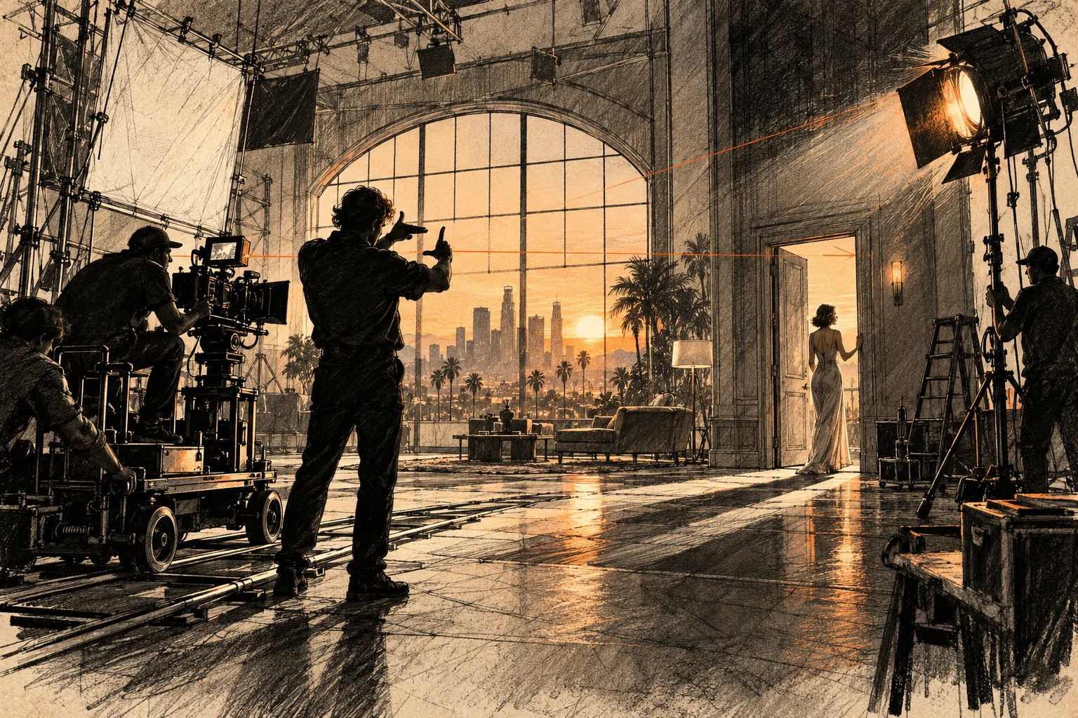 A hand-drawn cinema set with a director, camera and actor