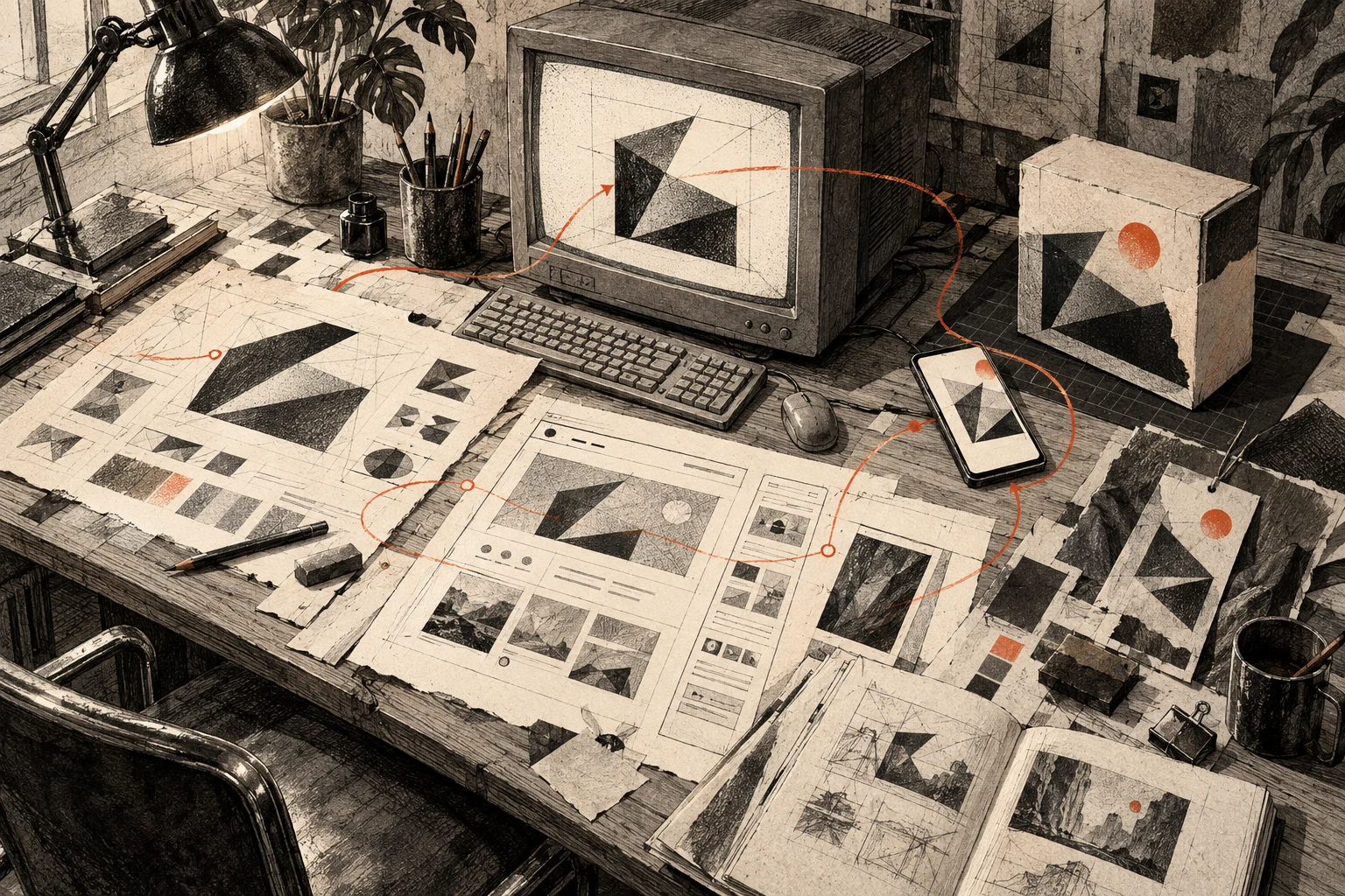A drawn creative worktable connecting identity, packaging and digital design
