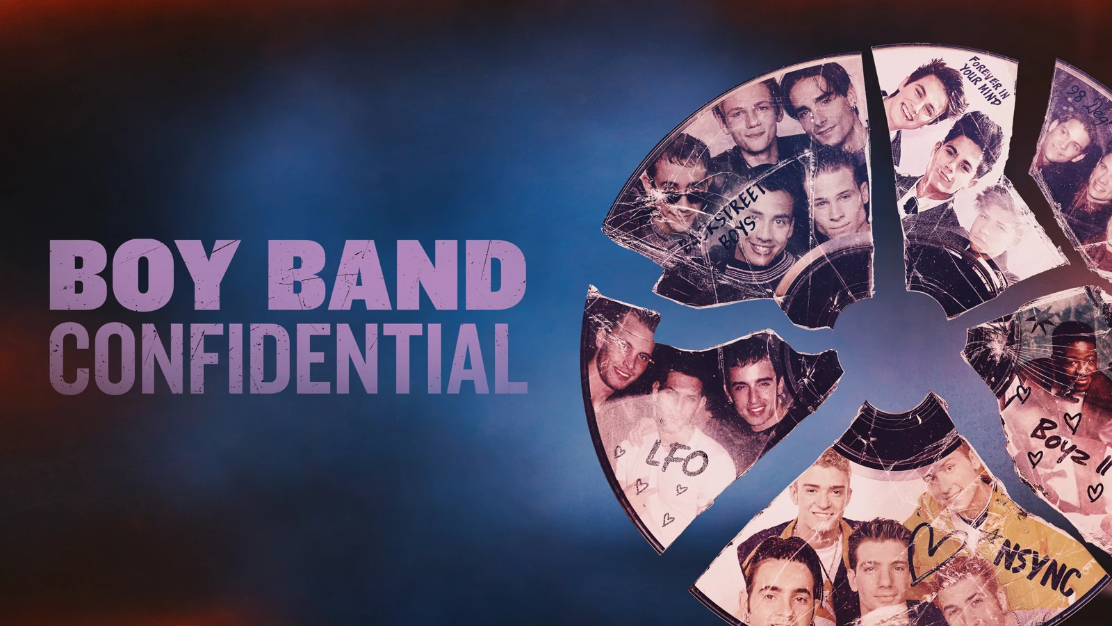 Boy Band Confidential title and shattered-disc landscape artwork