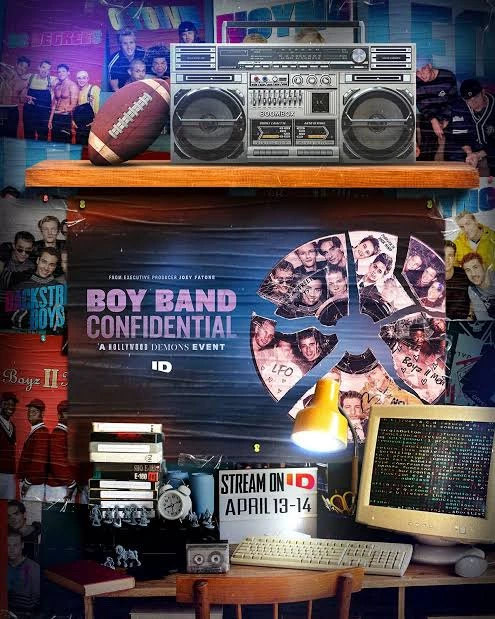Boy Band Confidential campaign artwork inside a nostalgic bedroom scene with a boombox, posters and an old computer