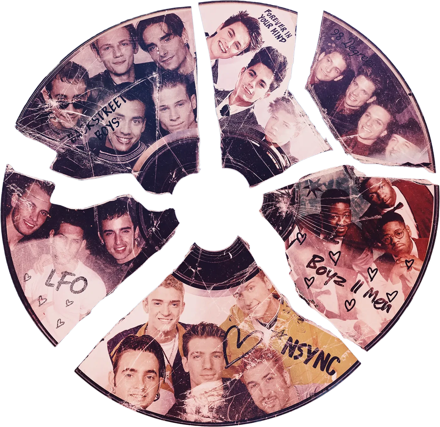 Shattered-disc artwork featuring the boy band era