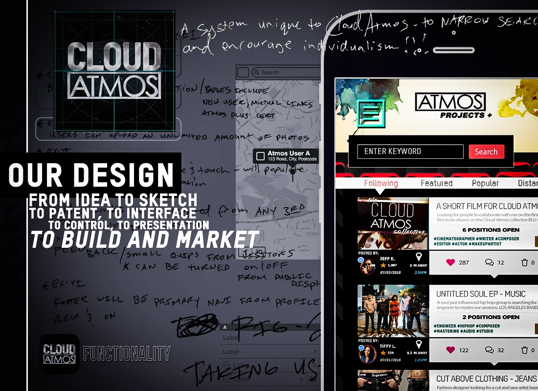 Original Cloud Atmos concept presentation with handwritten design thinking and a marketplace screen