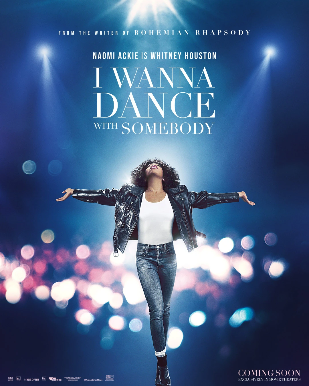 I Wanna Dance with Somebody theatrical key art, Naomi Ackie under blue stage lights