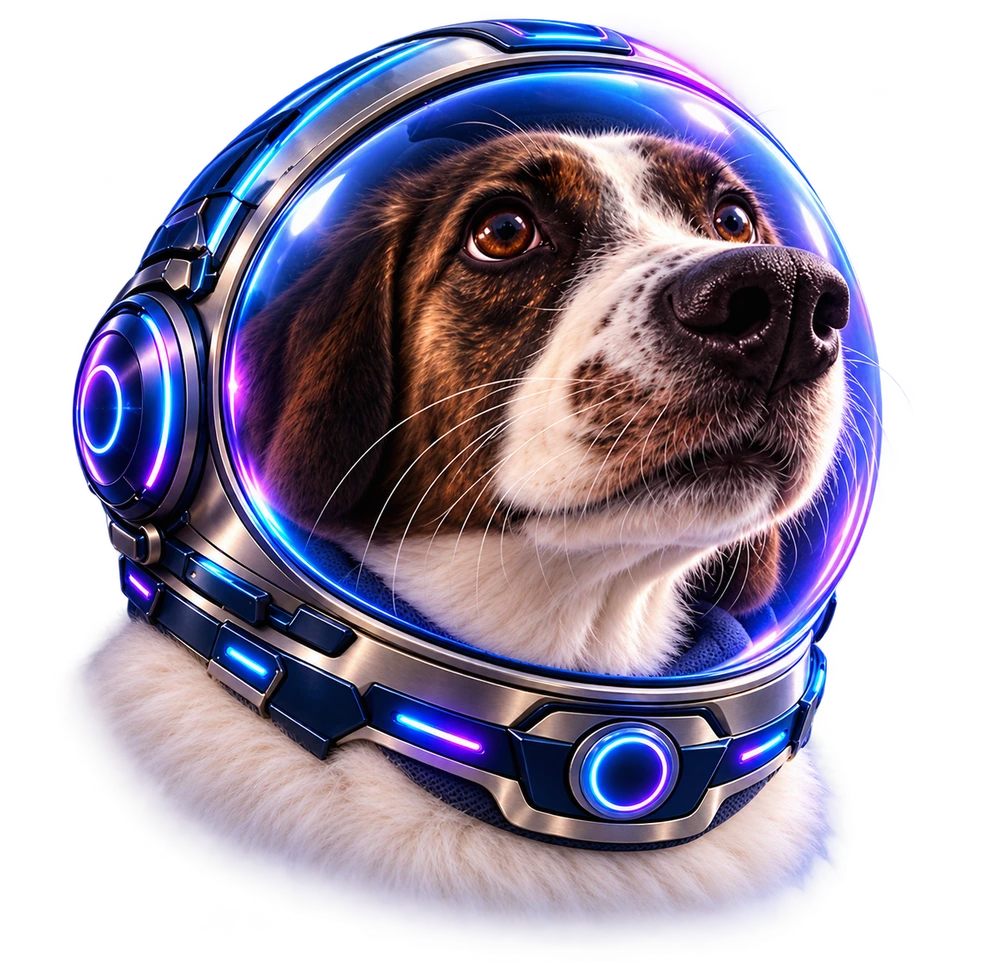 Chi, the rescued dog and StudioRinse astronaut co-pilot